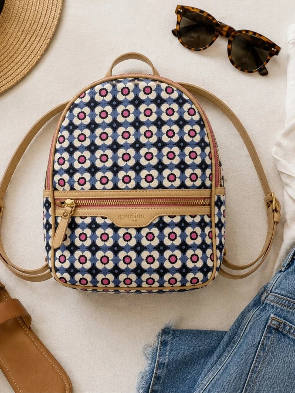 Spartina 449 Women's Blue Floral Linen & Leather Mini Backpack